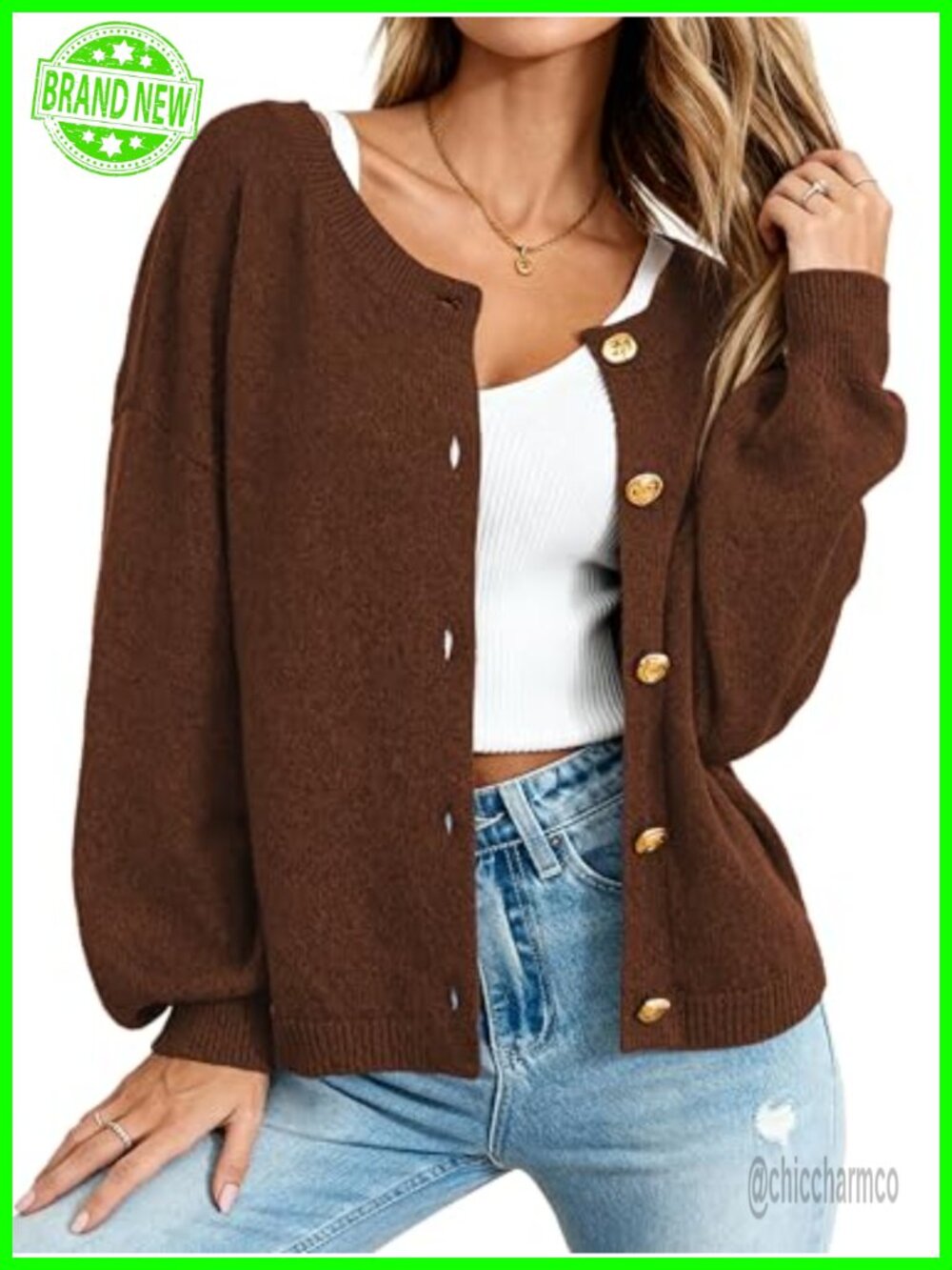 Oversized Open Front Cardigan Sweater with Gold Button, Long Sleeve Knit